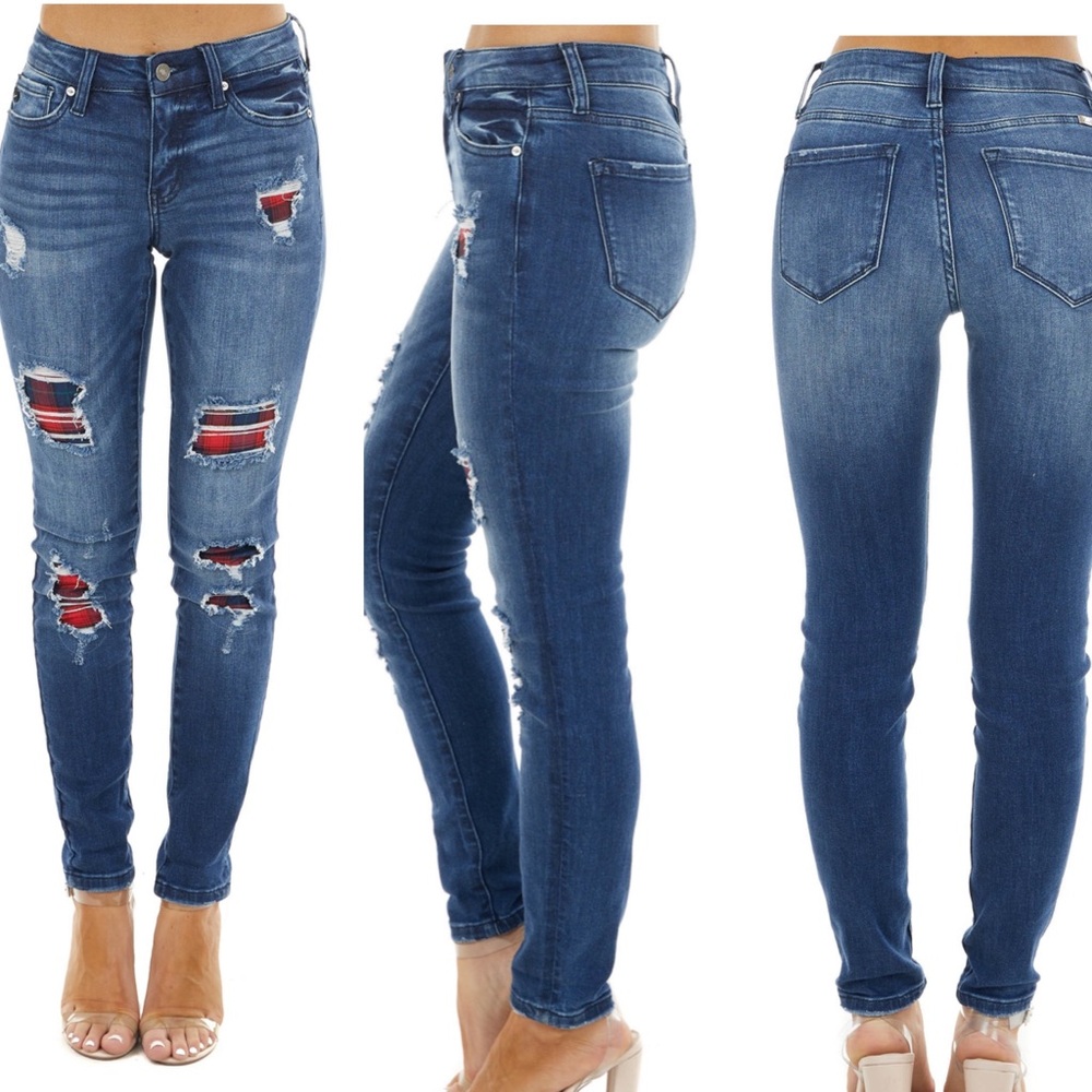 COPY - Kancan Dark Wash Mid Rise Distressed Plaid Patch